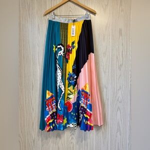 Why Dress Multicolor Pleated Midi Skirt Giraffe City Print Size XL NWT